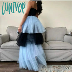 Lunivop Long Halter Tulle Prom Dresses Sleeveless Tiered Evening Dress 2024 Girls Party Gown