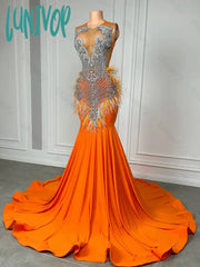 Lunivop Long Orange Fitted Mermaid Prom Dress 2024 Silver Beaded Rhinestone African Black Girls