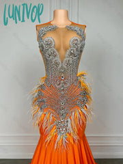 Lunivop Long Orange Fitted Mermaid Prom Dress 2024 Silver Beaded Rhinestone African Black Girls