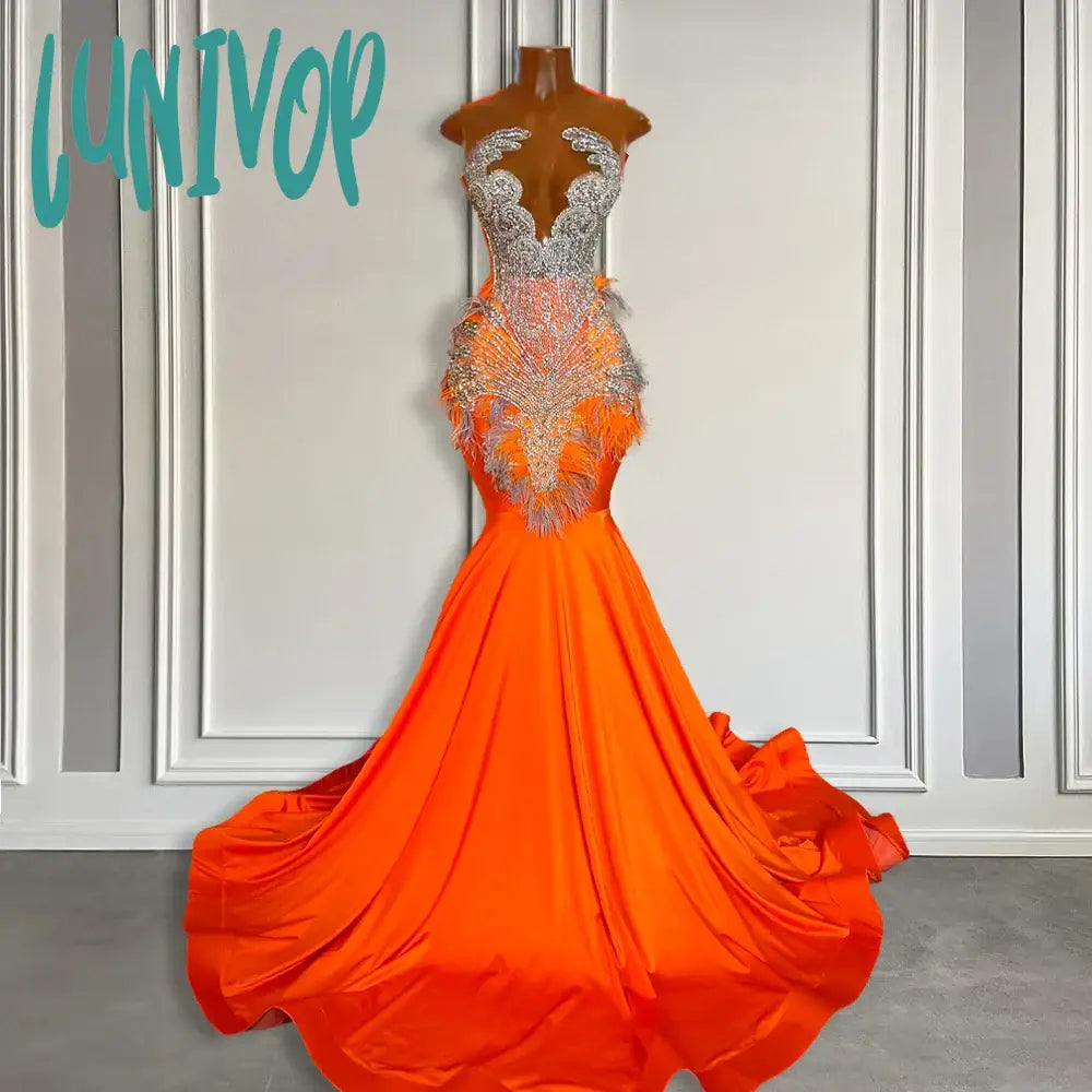 Lunivop Long Orange Fitted Mermaid Prom Dress 2024 Silver Beaded Rhinestone African Black Girls