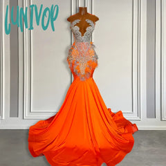 Lunivop Long Orange Fitted Mermaid Prom Dress 2024 Silver Beaded Rhinestone African Black Girls