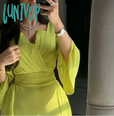 Lunivop Long Sleeve Arabic-Muslim Pleat Evening Dresses Floor-Length Sexy Mermaid Chiffon Party