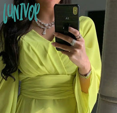 Lunivop Long Sleeve Arabic-Muslim Pleat Evening Dresses Floor-Length Sexy Mermaid Chiffon Party
