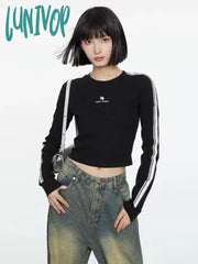 Lunivop Long Sleeve Black Crop Tops Women Streetwear Y2K Vintage Grunge T Shirts Female Harajuku