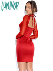 Lunivop Long Sleeve Bodycon Dress Sexy Birthday Evening Night Party Dresses Mesh Cross Mini Women
