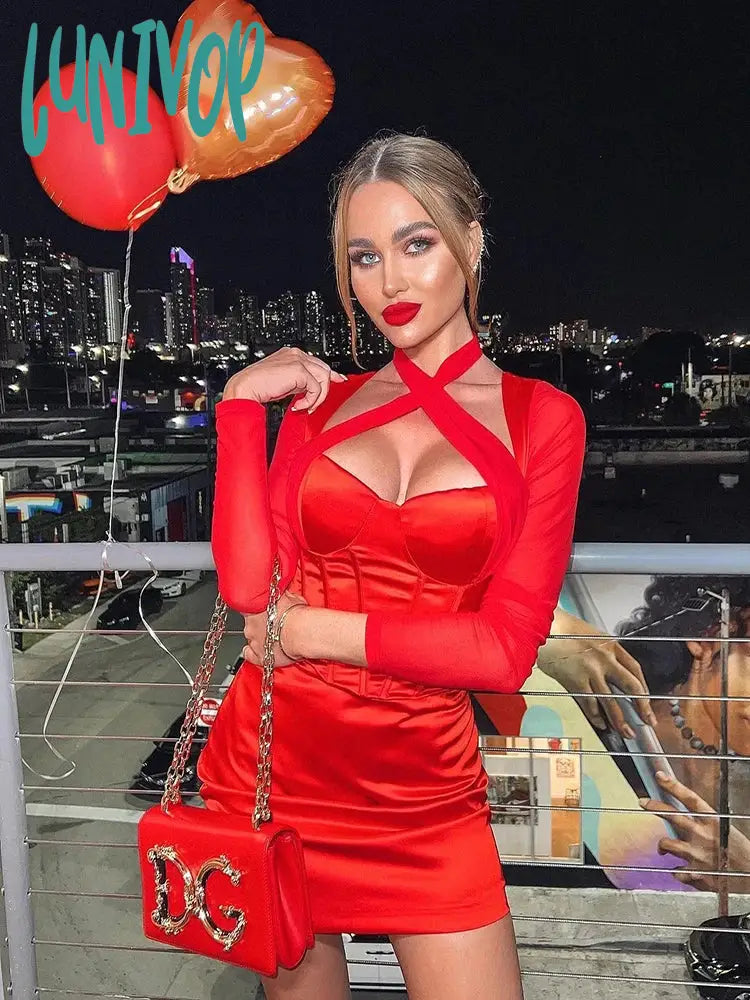 Lunivop Long Sleeve Bodycon Dress Sexy Birthday Evening Night Party Dresses Mesh Cross Mini Women