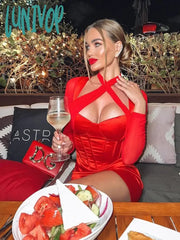 Lunivop Long Sleeve Bodycon Dress Sexy Birthday Evening Night Party Dresses Mesh Cross Mini Women