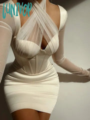 Lunivop Long Sleeve Bodycon Dress Sexy Birthday Evening Night Party Dresses Mesh Cross Mini Women