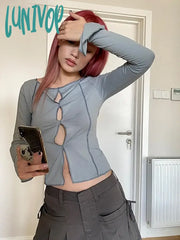 Lunivop Long Sleeve Crop Top Sexy Hollow Out T-Shirt Women Y2K Fairy Grunge Streetwear Korean