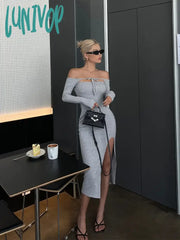 Lunivop Long Sleeve Lace Up Off Shoulder Split Dress For Women Summer New High Waist Slim Mid