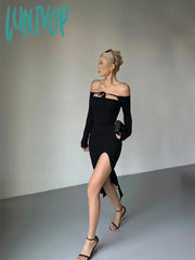 Lunivop Long Sleeve Lace Up Off Shoulder Split Dress For Women Summer New High Waist Slim Mid