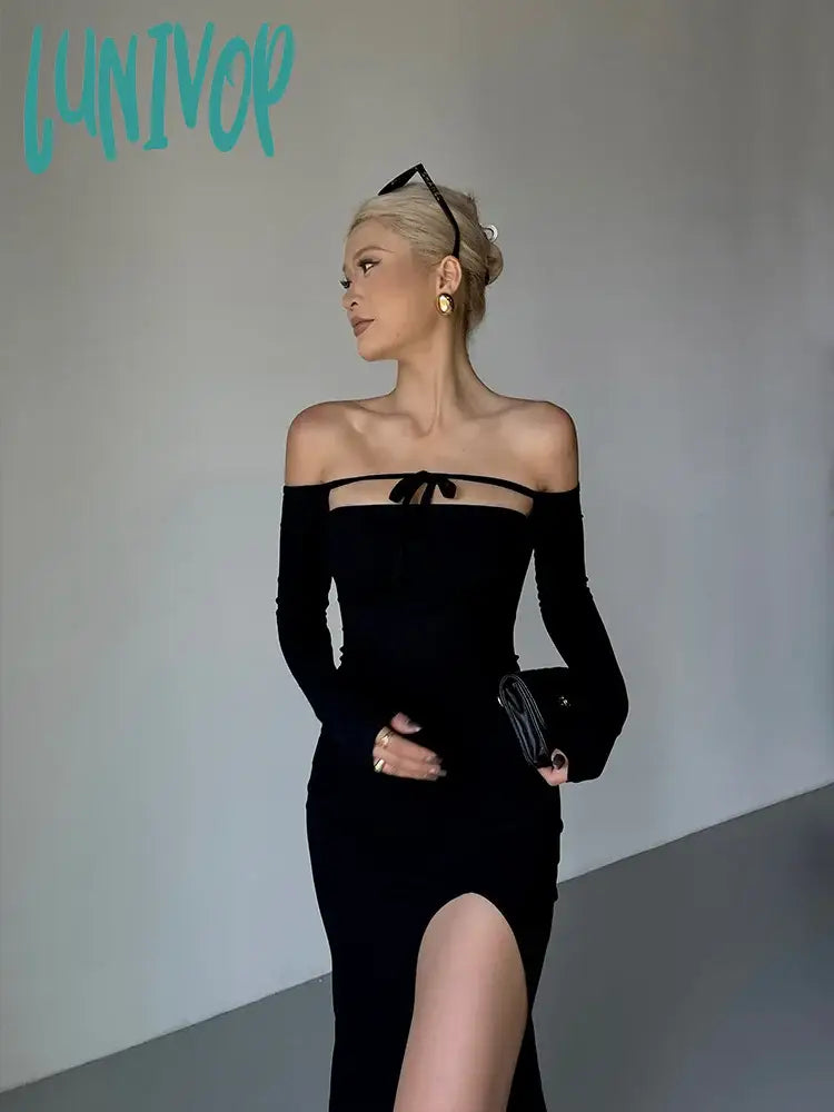 Lunivop Long Sleeve Lace Up Off Shoulder Split Dress For Women Summer New High Waist Slim Mid