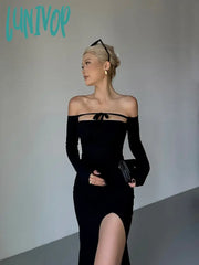 Lunivop Long Sleeve Lace Up Off Shoulder Split Dress For Women Summer New High Waist Slim Mid