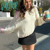 Lunivop Long Sleeve Loose Knitted Sweater For Women Contrast Color Drawstring Hollow Out Pullover