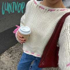 Lunivop Long Sleeve Loose Knitted Sweater For Women Contrast Color Drawstring Hollow Out Pullover