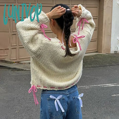 Lunivop Long Sleeve Loose Knitted Sweater For Women Contrast Color Drawstring Hollow Out Pullover