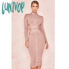 Lunivop Long Sleeve Midi Bandage Dress Knitted Vestido Feminino Elegante Vintage Streetwear Formal