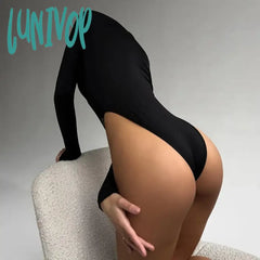 Lunivop Long Sleeve Sexy Mesh Sheer Bodysuits For Women Summer Skinny Tops One Piece Irregular High