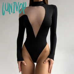 Lunivop Long Sleeve Sexy Mesh Sheer Bodysuits For Women Summer Skinny Tops One Piece Irregular High
