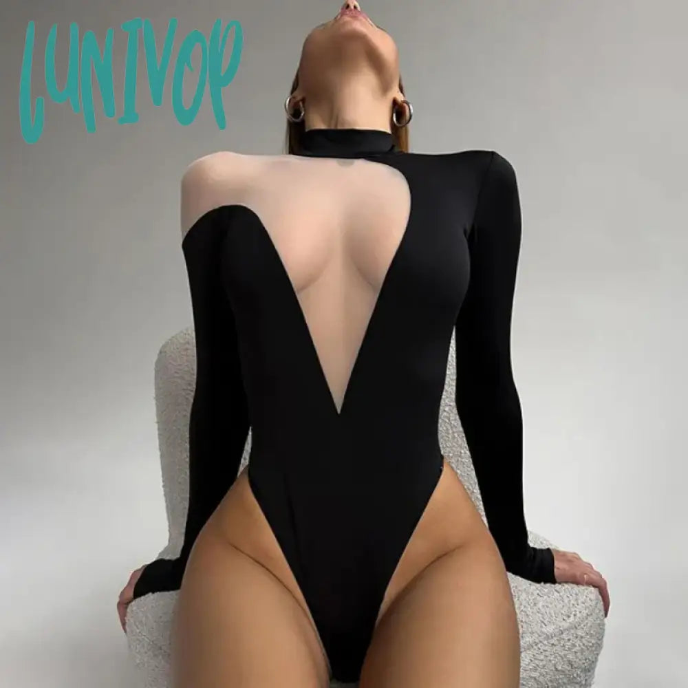 Lunivop Long Sleeve Sexy Mesh Sheer Bodysuits For Women Summer Skinny Tops One Piece Irregular High