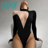 Lunivop Long Sleeve Sexy Mesh Sheer Bodysuits For Women Summer Skinny Tops One Piece Irregular High