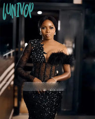 Lunivop Long Sleeved Black Mermaid Sexy Formal Luxury Evening Dress Feather Crystal Beads Sequins