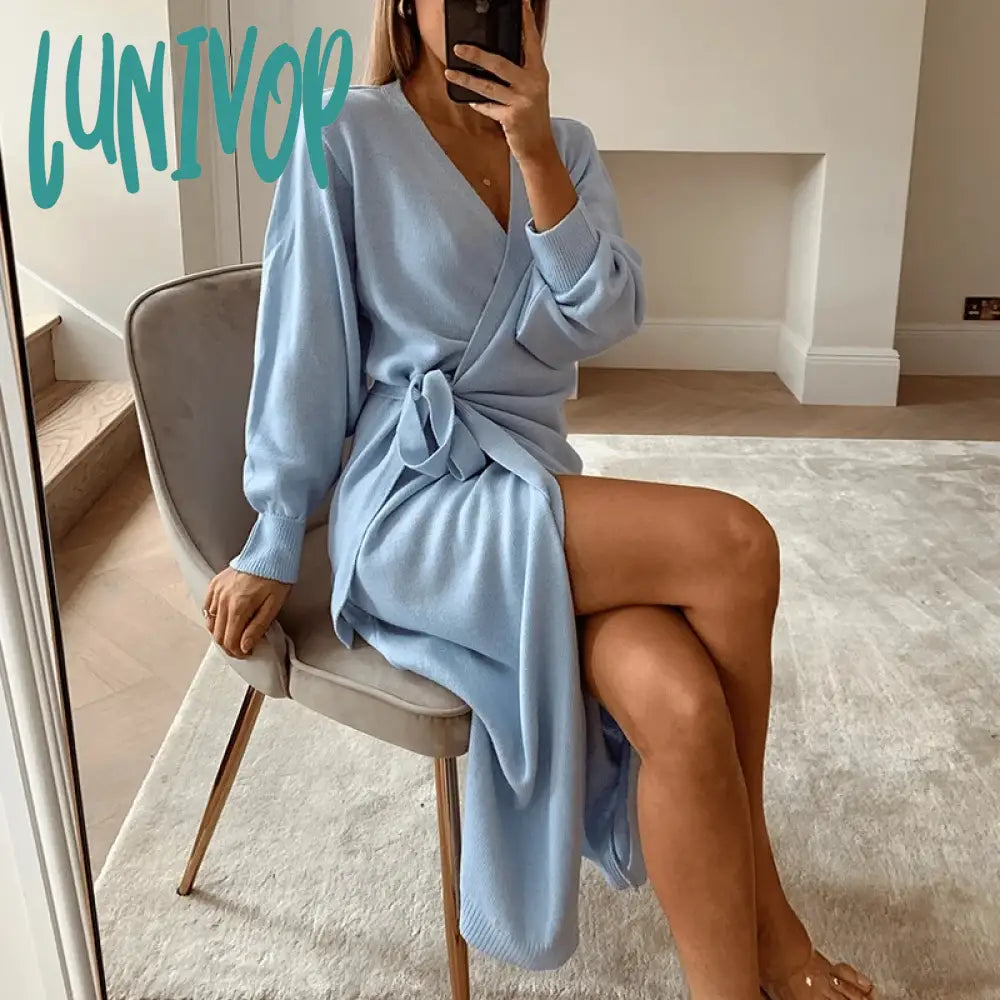 Lunivop Long Women Knitted Wrap Dress Spring Oversize Elegant Midi Sexy V Neck Knitwear Robe Ladies