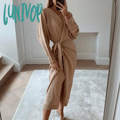 Lunivop Long Women Knitted Wrap Dress Spring Oversize Elegant Midi Sexy V Neck Knitwear Robe Ladies