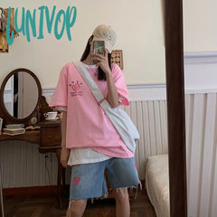 Lunivop Love Embroidery Women’s Blue Wide Leg Denim Shorts Hip Hop Street Summer New Female High