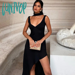 Lunivop Low Cut Straps Backless Split Maxi Dress Women Sexy Elegant Sleeveless Evening Party Long