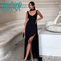 Lunivop Low Cut Straps Backless Split Maxi Dress Women Sexy Elegant Sleeveless Evening Party Long