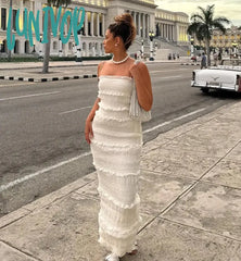 Lunivop Luxury Gathered Maxi Formal Occasion Dresses Beige Spaghetti Strap Wedding Party Summer