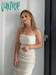 Lunivop Luxury Gathered Maxi Formal Occasion Dresses Beige Spaghetti Strap Wedding Party Summer