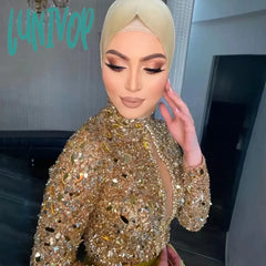 Lunivop Luxury High Neck 2024 Gold Evening Dresses Beaded Crystal Floor-Length Prom Gowns Sexy