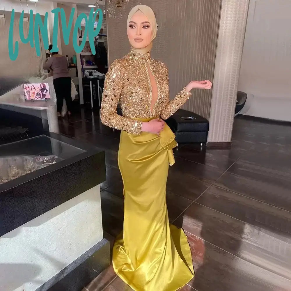 Lunivop Luxury High Neck 2024 Gold Evening Dresses Beaded Crystal Floor-Length Prom Gowns Sexy
