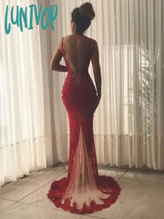 Lunivop Luxury Red Spaghetti Straps Lace Evening Dresses Sexy Side Split Floor-Length Gown 2024