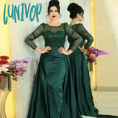 Lunivop Luxury Satin O Neck Prom Dresses Long Sleeves Mermaid Evening Dress Dark Green Party Gowns