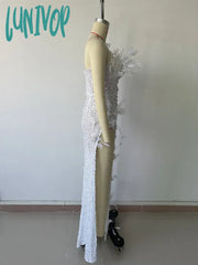 Lunivop Luxury Sexy Strapless Feather Sequins White Pearl Maxi Long Women Gowns Dress Elegant Party
