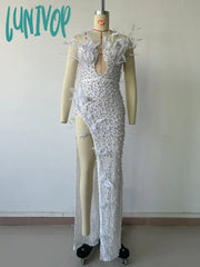 Lunivop Luxury Sexy Strapless Feather Sequins White Pearl Maxi Long Women Gowns Dress Elegant Party