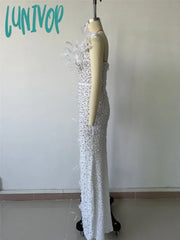 Lunivop Luxury Sexy Strapless Feather Sequins White Pearl Maxi Long Women Gowns Dress Elegant Party