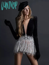 Lunivop Luxury Women Sexy Long Sleeve V Neck Mesh Tassel Glitter Black Mini Velvet Bodycon Dress