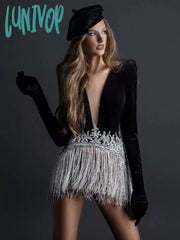 Lunivop Luxury Women Sexy Long Sleeve V Neck Mesh Tassel Glitter Black Mini Velvet Bodycon Dress