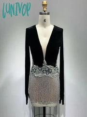 Lunivop Luxury Women Sexy Long Sleeve V Neck Mesh Tassel Glitter Black Mini Velvet Bodycon Dress
