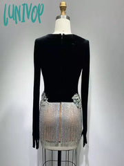 Lunivop Luxury Women Sexy Long Sleeve V Neck Mesh Tassel Glitter Black Mini Velvet Bodycon Dress