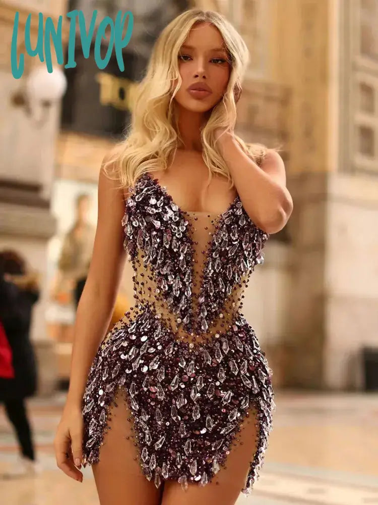 Lunivop Luxury Women Sexy V Neck Beading Crystal Mesh Sequins Mini Bodycon Dress Elegant Evening