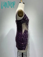 Lunivop Luxury Women Sexy V Neck Beading Crystal Mesh Sequins Mini Bodycon Dress Elegant Evening