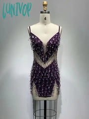 Lunivop Luxury Women Sexy V Neck Beading Crystal Mesh Sequins Mini Bodycon Dress Elegant Evening