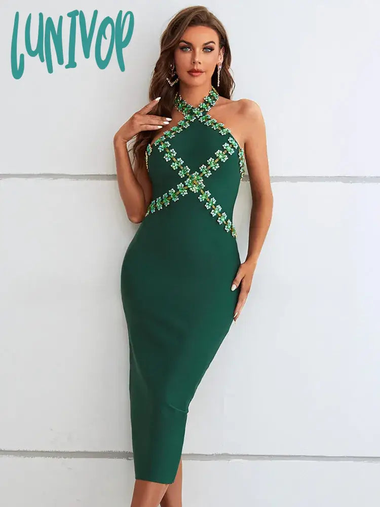 Lunivop Luxury Women Summer Sexy Backless Halter Beading Green Midi Bodycon Bandage Dress Elegant