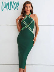 Lunivop Luxury Women Summer Sexy Backless Halter Beading Green Midi Bodycon Bandage Dress Elegant