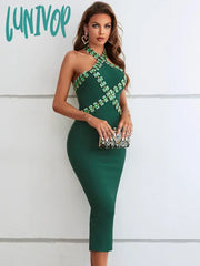 Lunivop Luxury Women Summer Sexy Backless Halter Beading Green Midi Bodycon Bandage Dress Elegant